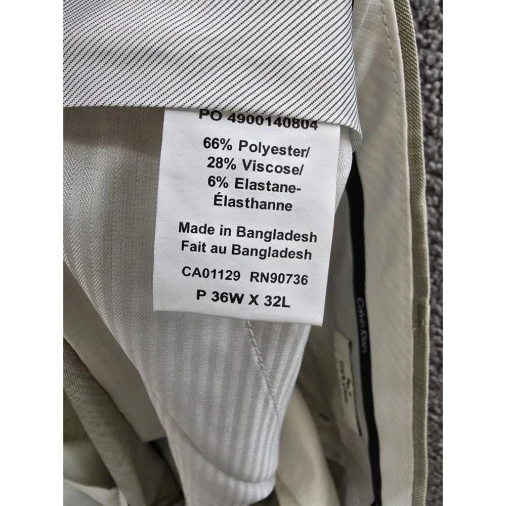 Calvin Klein Slim-Fit Dress Pants Men's 36Wx32L Taupe Solid Zip/Button Closure
